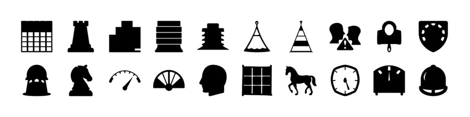 Chess and medieval icons silhouette symbol collection  - Black silhouette icon set combining chess pieces, medieval objects, and symbols, representing strategy, history, and classic game elements for  © Md
