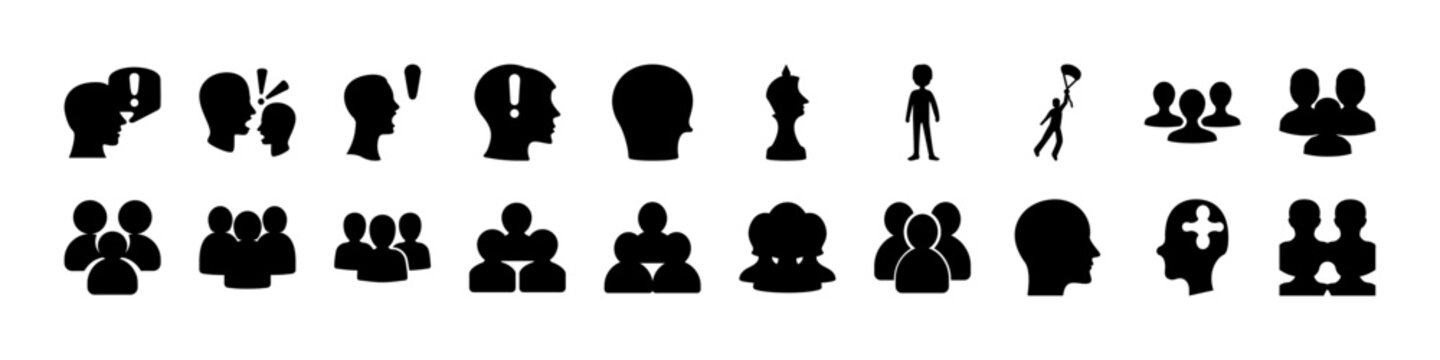 User profile silhouettes icons avatars symbol set
 - Collection of black silhouette icons showing user profiles, avatars, and group figures, representing identity, accounts, and social media concepts.