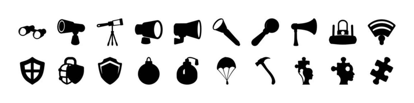 Medieval weapon and tool icons silhouette symbol set
 - Set of black silhouette icons featuring medieval weapons, tools, and objects, representing history, combat, craftsmanship, and traditional symbo