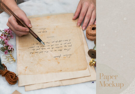 Vintage Letter Paper Mockup Writing Scene PSD