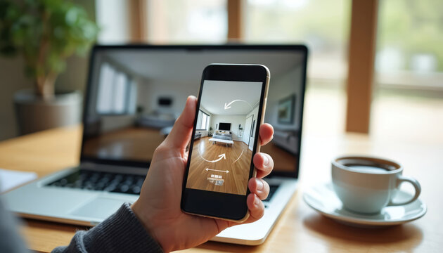 Person uses phone for 360 tour of room. Laptop and coffee nearby. Modern tech for virtual exploration. Digital immersion in interior design.