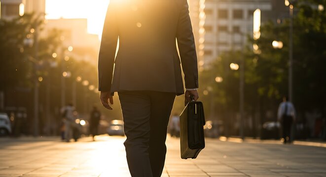 Businessman walking towards sunlight carrying a briefcase blurred background