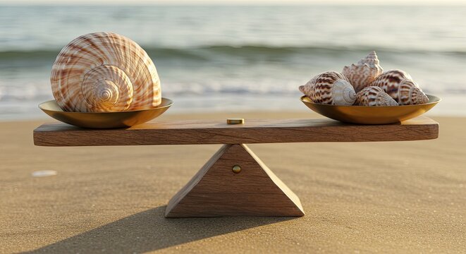 Seashells balanced on a wooden scale against a blurred ocean backdrop