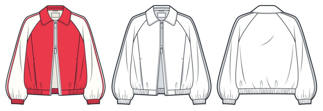 Unisex Zip Front Track Jacket, Bomber Jacket Fashion Flat Technical Drawing Featuring Raglan Sleeves and Front Back Views