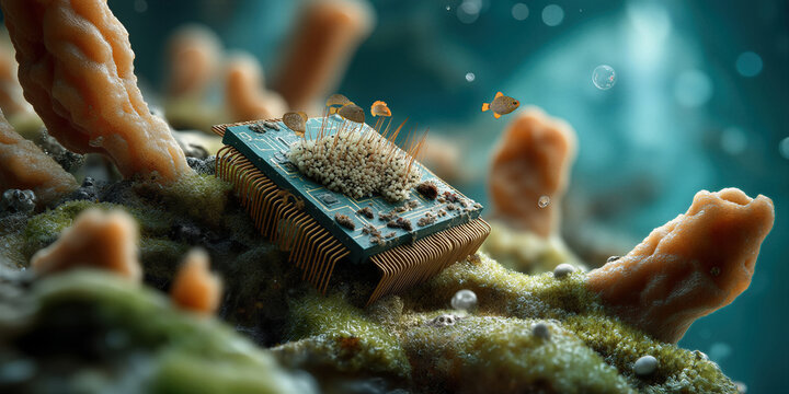 Decayed electronic remnant encircled by lively marine creatures and textured aquatic flora