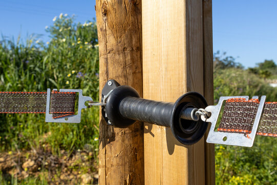 Electric fence gate handle with spring and strap attached to wooden posts
