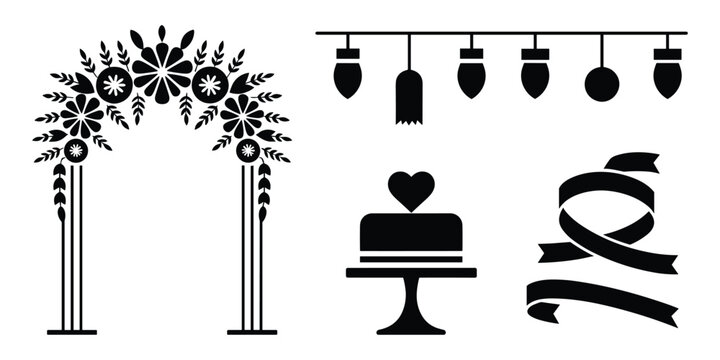 Black silhouette wedding decor elements arch chuppah cake and ribbon design