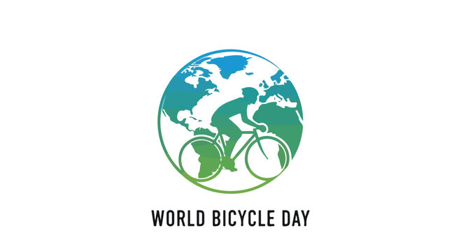 Illustration of a bicycle rider on a gradient globe for World Bicycle Day with a green and blue color scheme