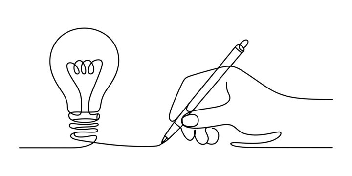 Continuous line drawing of a hand holding a pen that is sketching a glowing light bulb.