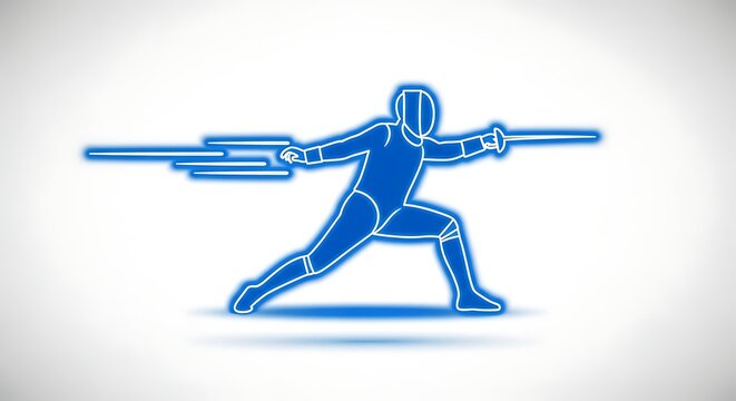 A blue silhouette of a fencer in a fighting stance