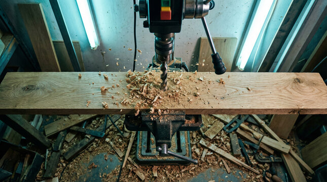Drill Press Working on Wooden Plank in Workshop