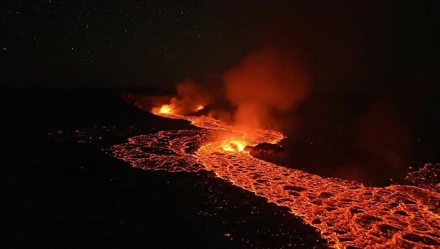 Dramatic Volcanic Eruption at Night - A River of Molten Lava.