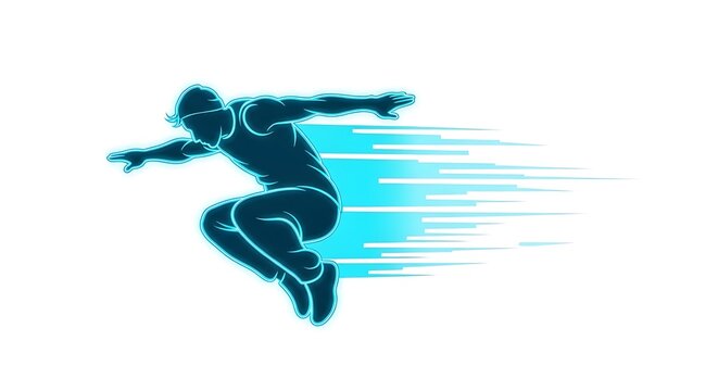 A man in a dynamic pose with outstretched arms and legs