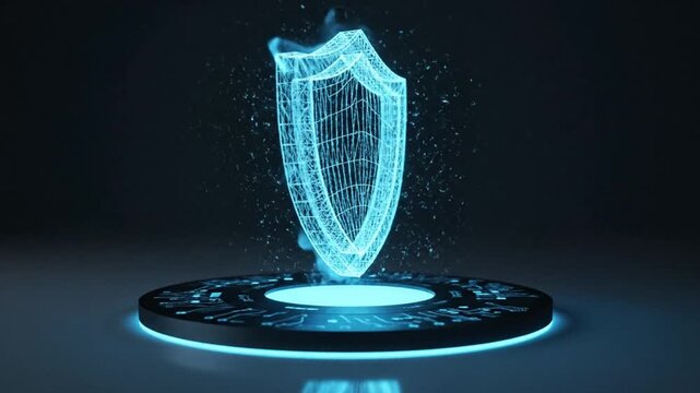 A futuristic video showcasing a glowing blue shield emerging from a digital platform in a dark background