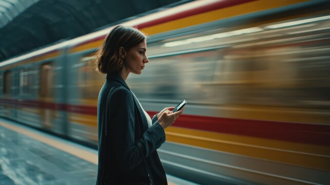 side view, woman standing on metro platform, scrolling phone, train moving behind her, background blurred, subject in focus, minimalist urban scene