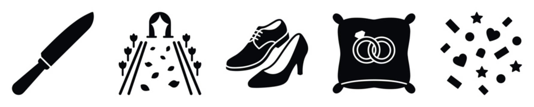 Wedding event symbols featuring a cake knife, aisle, shoes, rings on a pillow, and confetti, useful for graphic design projects.