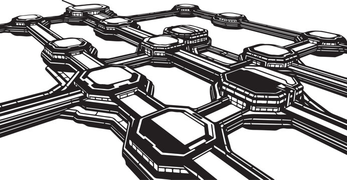 Black and white hexagonal metal lattice structure, industrial mechanical vector graphic, technical illustration, futuristic engineering design element