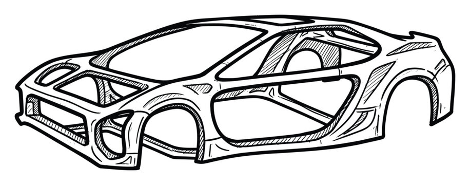 Sports car skeletal frame blueprint for automotive engineering, design development, and technical educational content.