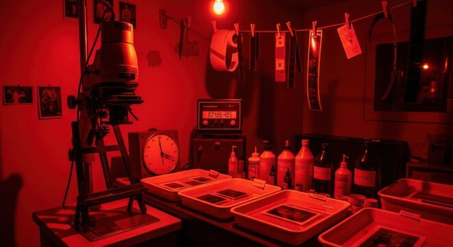 Darkroom photography lab with red lighting.
