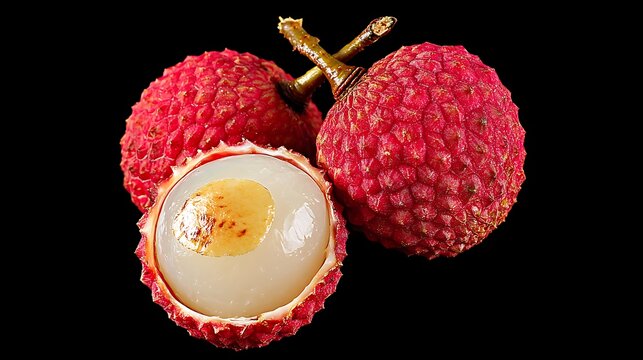Three fresh lychee fruits with one peeled showing translucent white flesh on black background