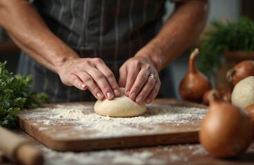 Fototapeta premium Chef prepares dough on wooden board with flour, onions, and herbs. Hands shape raw dough for baking, focusing on fresh ingredients and rustic kitchen tasks. Culinary process with natural light.