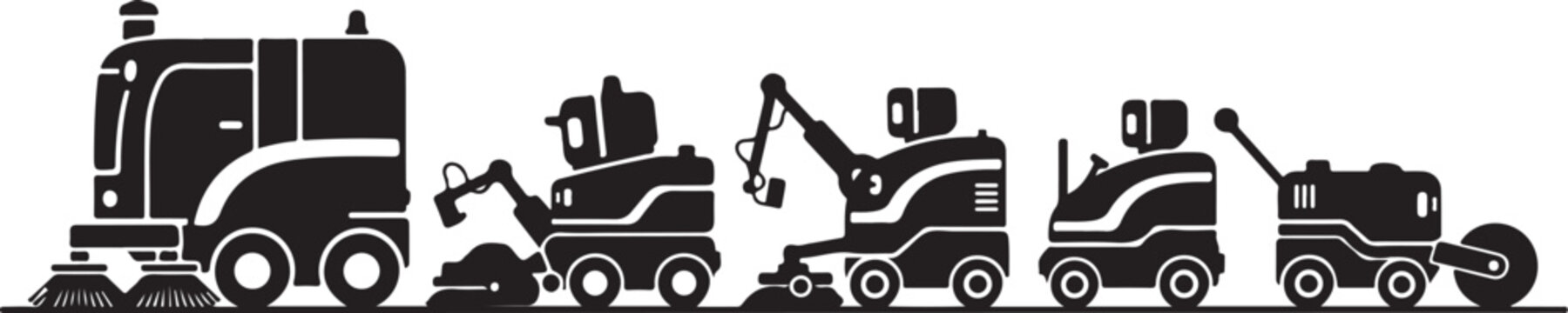 Heavy machinery icons, construction equipment silhouettes, industrial vehicles, tractor excavator loader