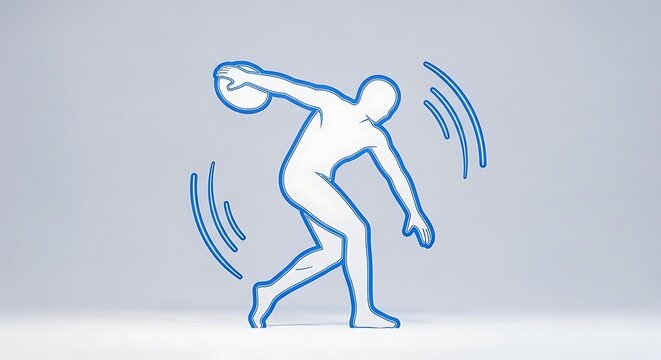 A blue outline of a person throwing a discus