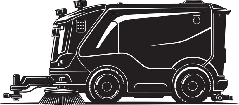 Street Sweeper, Urban Cleaning Vehicle, Black Vector Illustration, Road Maintenance Truck