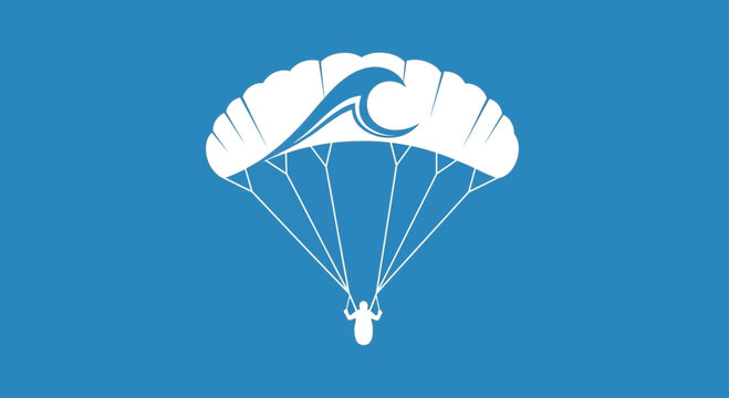 Minimalist Parachuter Descending With Oceanic Wave Symbol