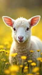 Obraz premium Young white lamb stands in bright yellow flower field during daytime. Cute ovine with fluffy wool looks into camera with big curious eyes. Spring meadow with blooming plants. Peaceful nature scene.