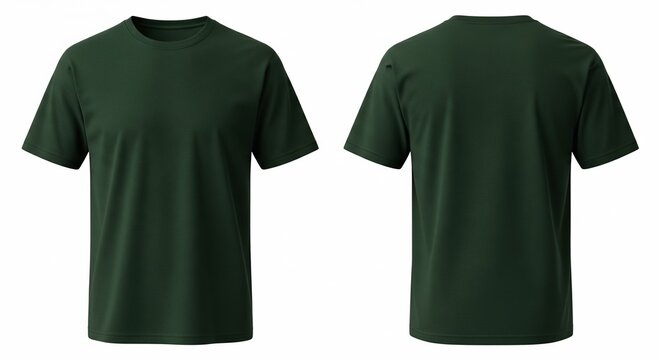 Front and back view of a plain dark green short-sleeved t-shirt isolated on white background