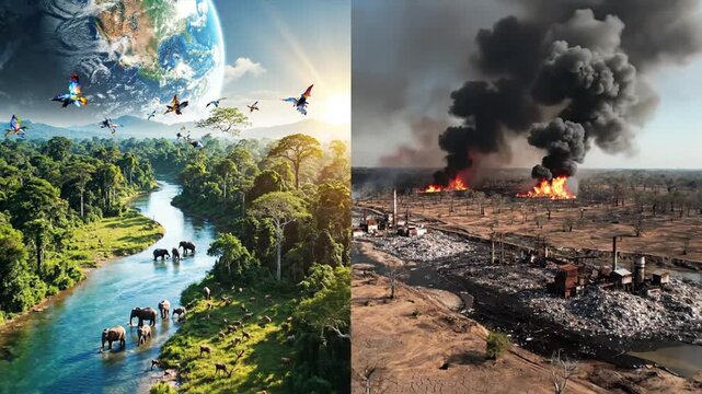 Contrast between a pristine natural landscape with wildlife and a scene of industrial devastation and environmental destruction
