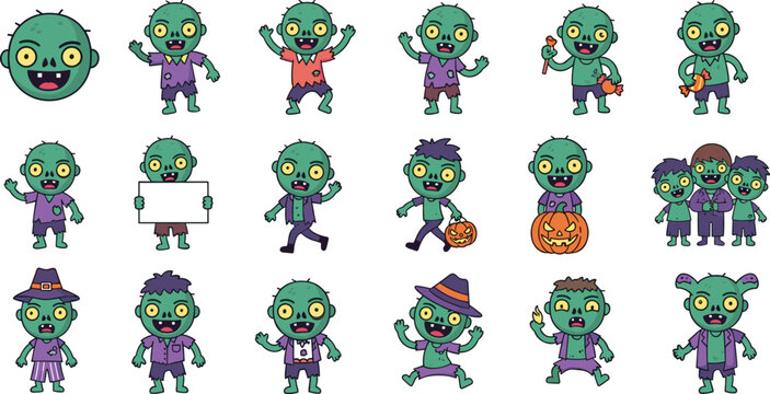 Cute Zombie Character Vector Set Halloween Cartoon Undead Kids Illustration