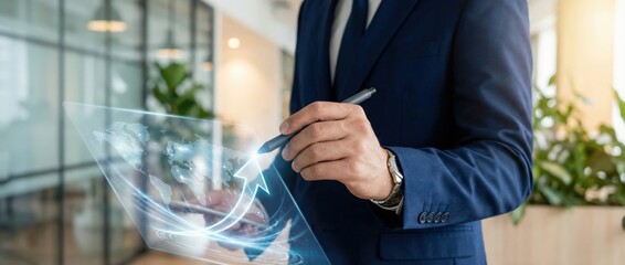 Business professional analyzing growth strategies modern office digital interaction corporate environment close-up viewpoint strategic insights for market success