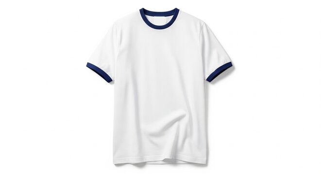 Clean white t-shirt with navy blue ringer trim on collar and sleeves isolated on white