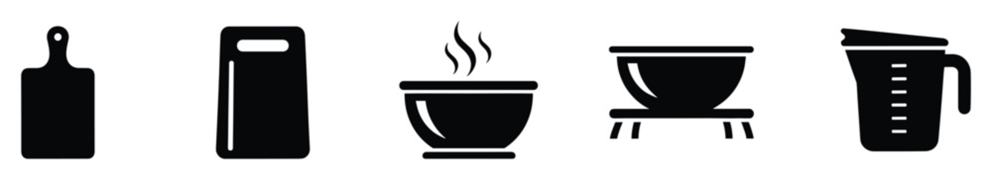Essential kitchen tools and cooking utensils black icons for culinary websites or recipe applications