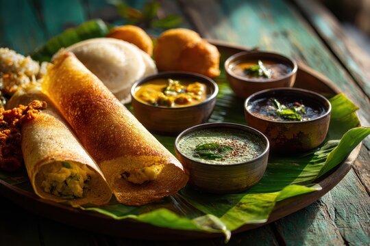 South Indian breakfast spread on banana leaf with sambar, chutneys and appam
