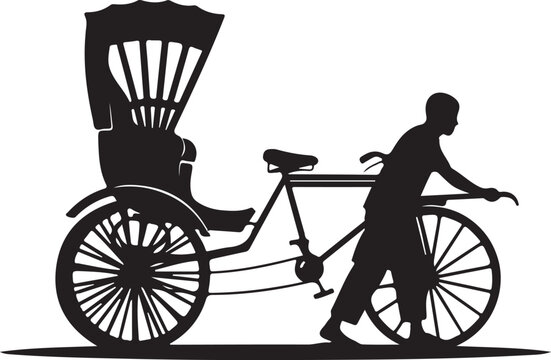 Black silhouette of man pushing rickshaw, vector illustration, transportation icon, travel symbol