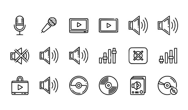 set of icons for web Audio video multimedia outline icons volume control mute microphone cd vinyl vector line set editable