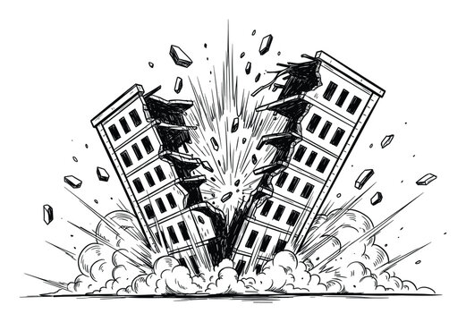 Dynamic drawing of a building exploding and collapsing, depicting powerful destruction and flying debris.
