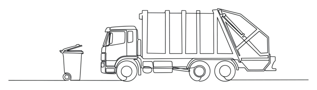 Single line sketch of a refuse collection vehicle and wheeled dumpster symbolizing urban waste management and recycling solutions