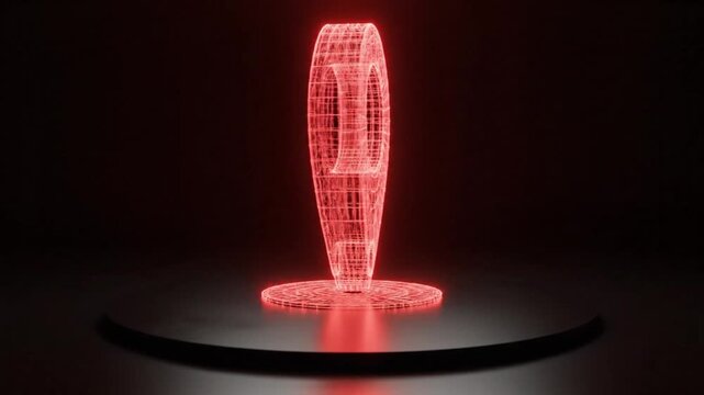 A glowing red location pin made of tiny dots stands on a dark platform in a dark room with a spotlight shining on it in this dramatic video.