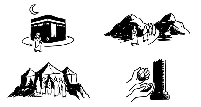 Hand drawn sketch hajj vector collection for eid al adha greeting card design featuring pilgrims performing tawaf around kaaba, mina tents, walking steps, and stoning jamarat.