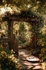 Naklejka premium Sunlit arbor with climbing roses and greenery along a stone pathway