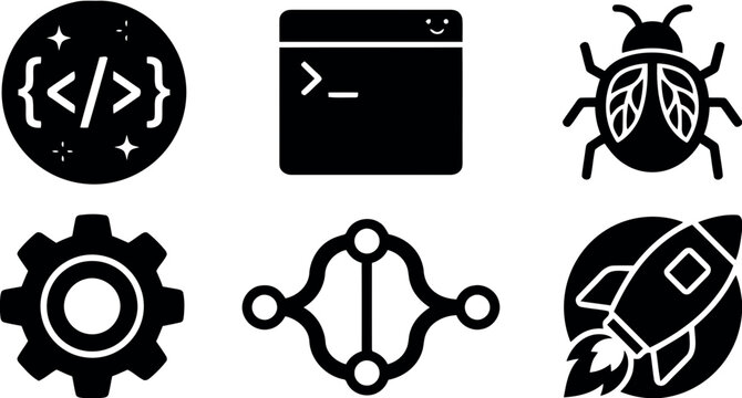 Set of Flat Black Software Development and Programming Icons