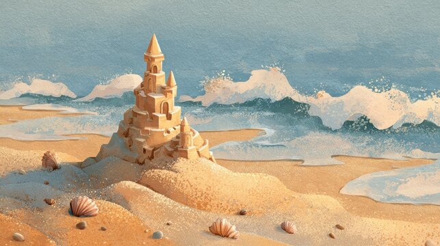 Sunlit beach sandcastle scene with textured sand and gentle shoreline
