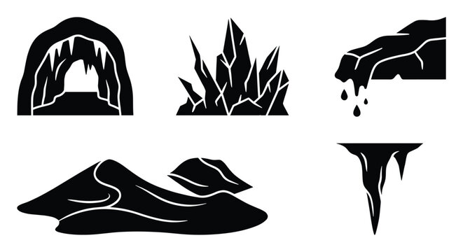 Distinct natural forms including a cave entrance, sharp crystals, mountain range, dripping water, and icicle for map making.