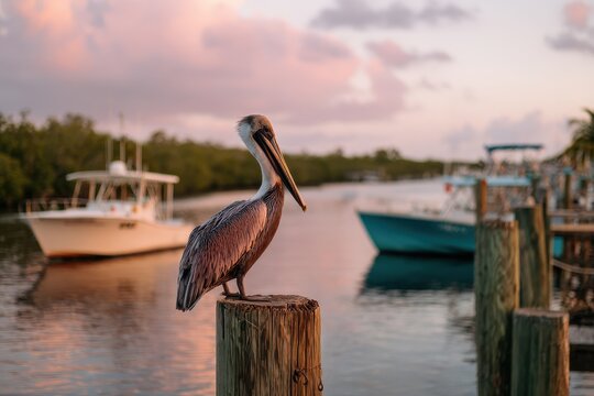 Sunset reflections and a lone pelican at Everglades City harbor with boats and mangroves