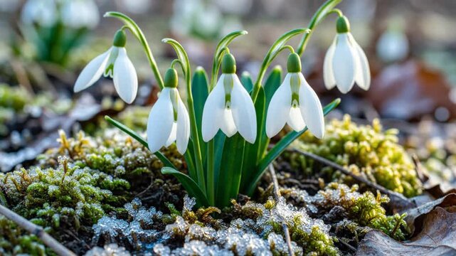 Delicate snowdrop flowers blooming in early spring sunlight with blurred background of moss and frost