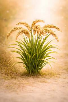 Ripe Golden Rice Plant with Grain in Field, Paddy Agriculture and Harvest Concept